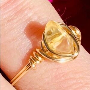 CITRINE & GOLD Wire-Wrapped Heart RING, Gold with Small Citrine Crystal, EUC